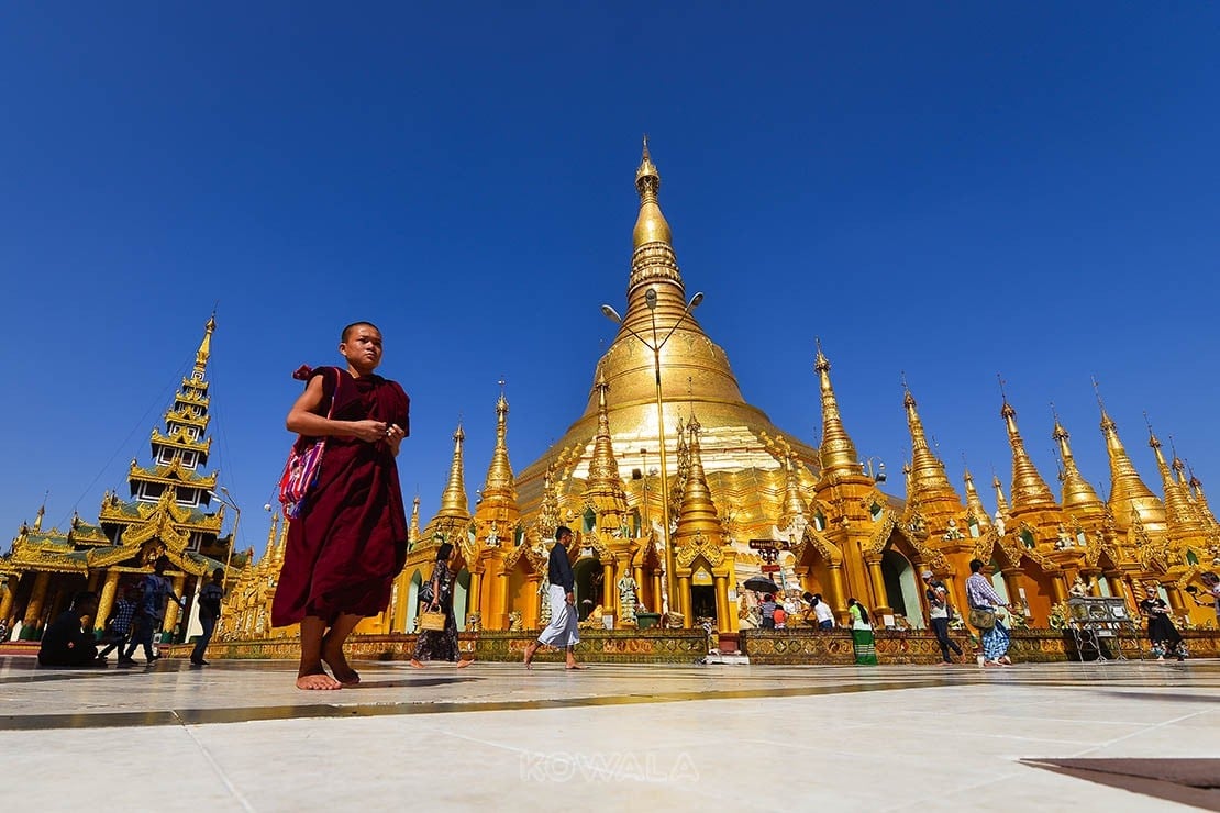 Moine de devant pagode Shwedagon, Rangoon, Myanmar