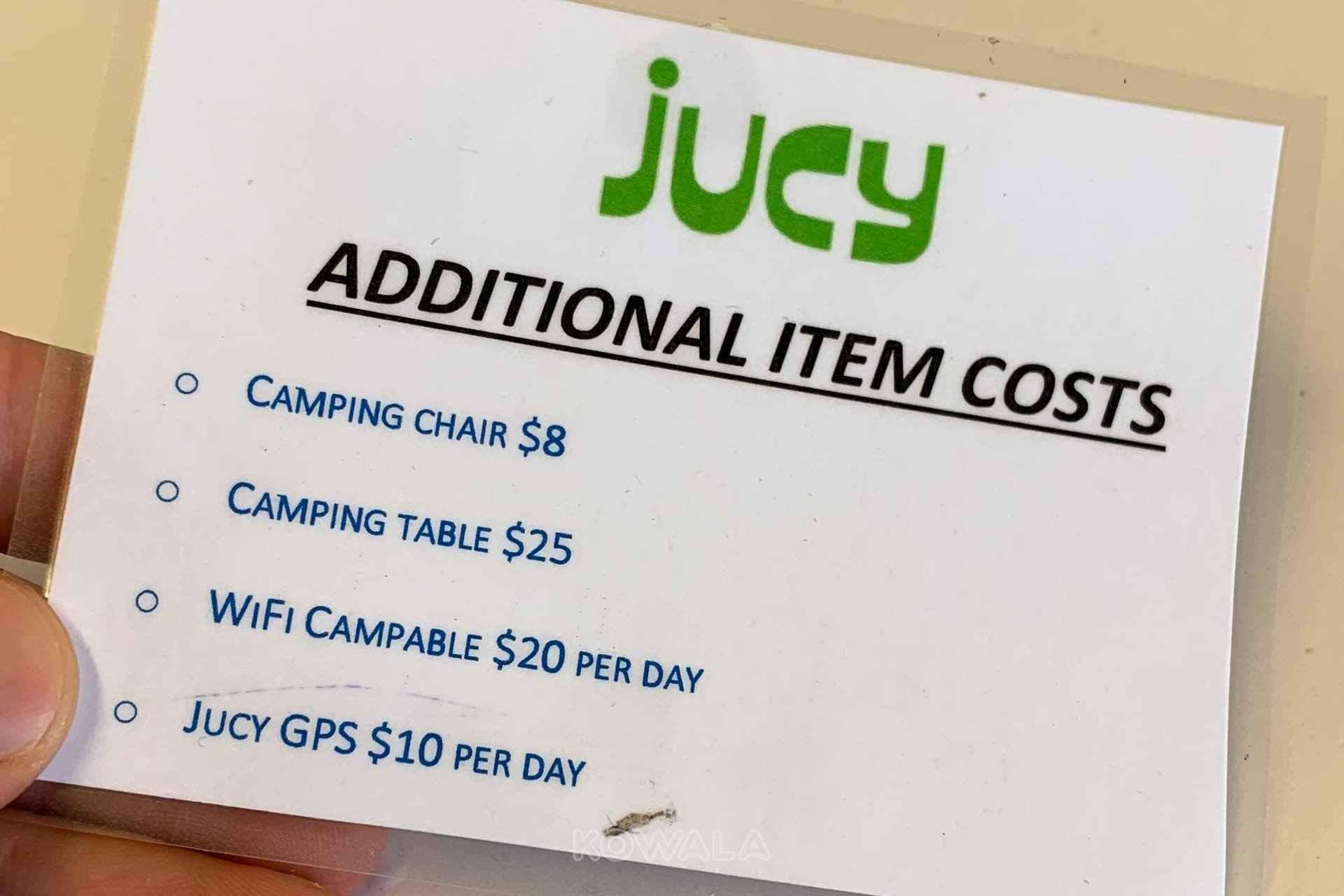 tarif extra Jucy location van NZ