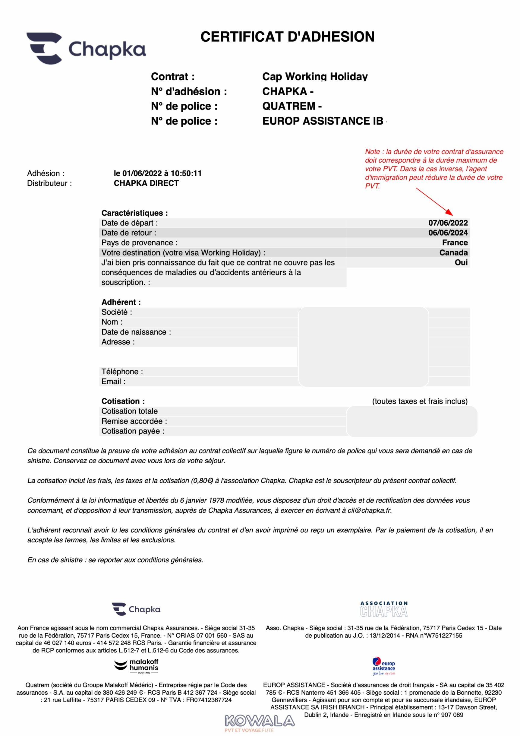 Certificat adhésion assurance PVT Chapka - page 1