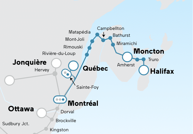 Carte du voyage en train Montréal à Halifax