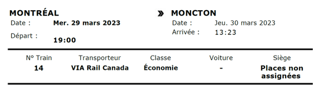 Billet de Train de Montréal à Moncton