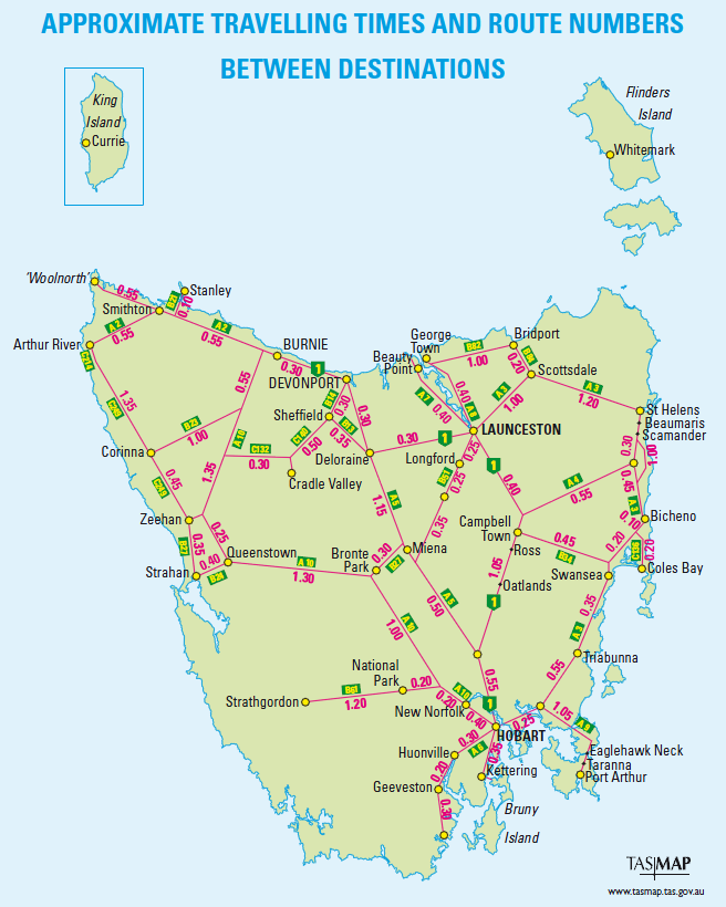 routes et temps de trajet en Tasmanie
